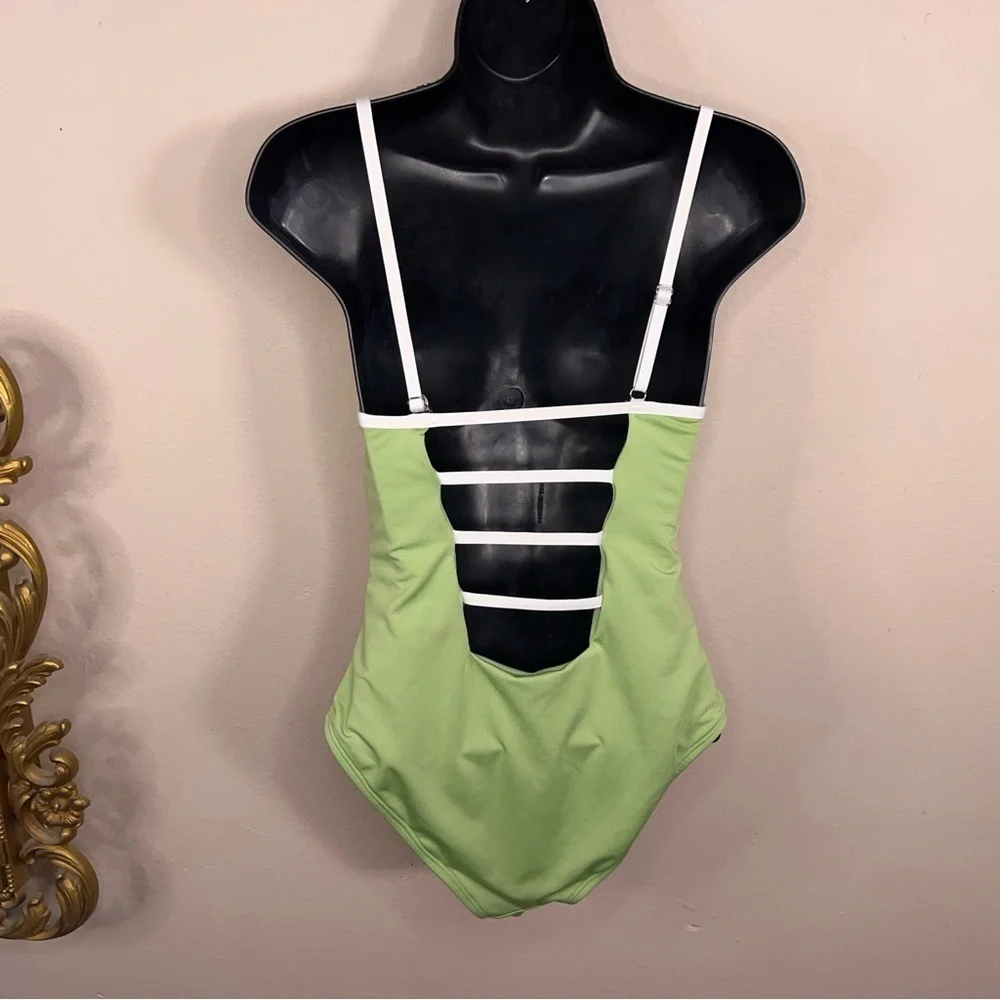 Medium Hurley One Piece Swimsuitight Green White Trim Stretch Beach Vacation